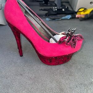Vintage Pink High Heel Platform Shoes with Decorative Flower